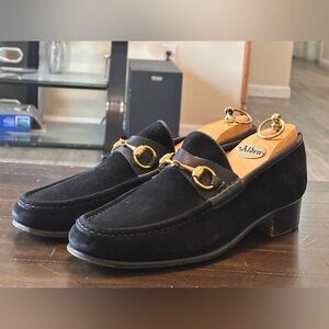 Vtg Gucci Classic Horsebit Gold Accent Black Suede Leather Men’s Loafers Size 44